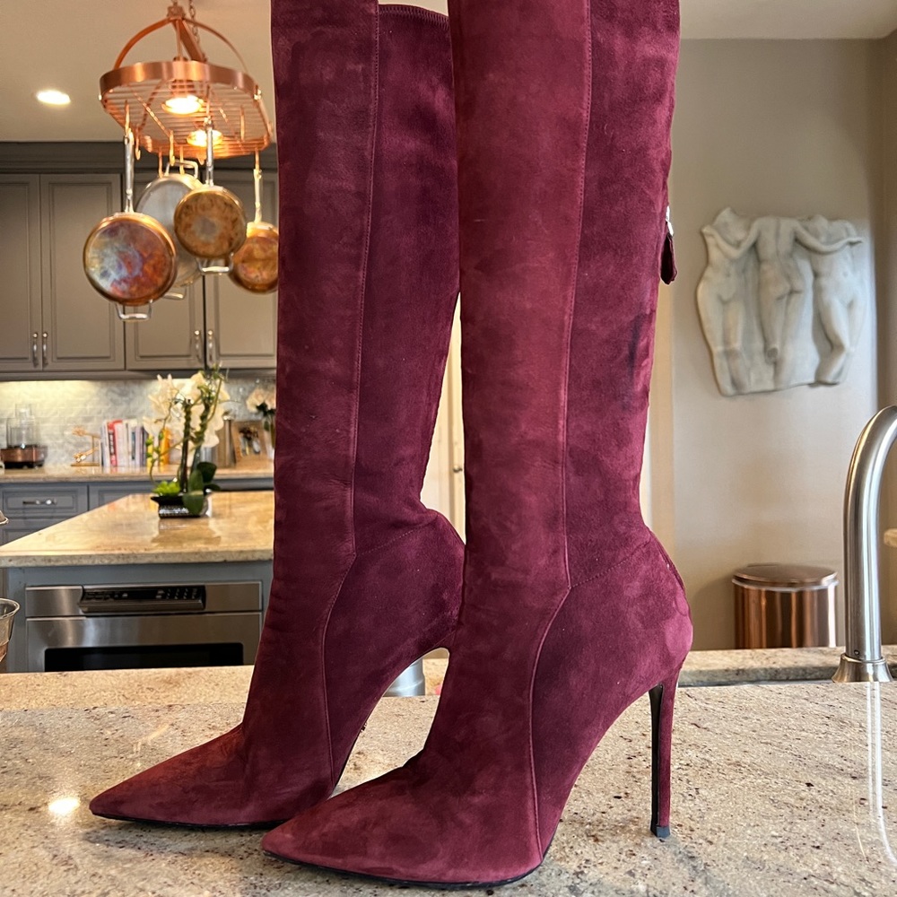 Prada knee-high maroon velvet boots size 39 120mm heel
